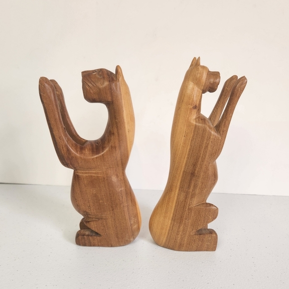 Vintage Wood Cats His Hers Carved Sculpture Eclectic Boho Carving Cat Lady - Picture 5 of 8